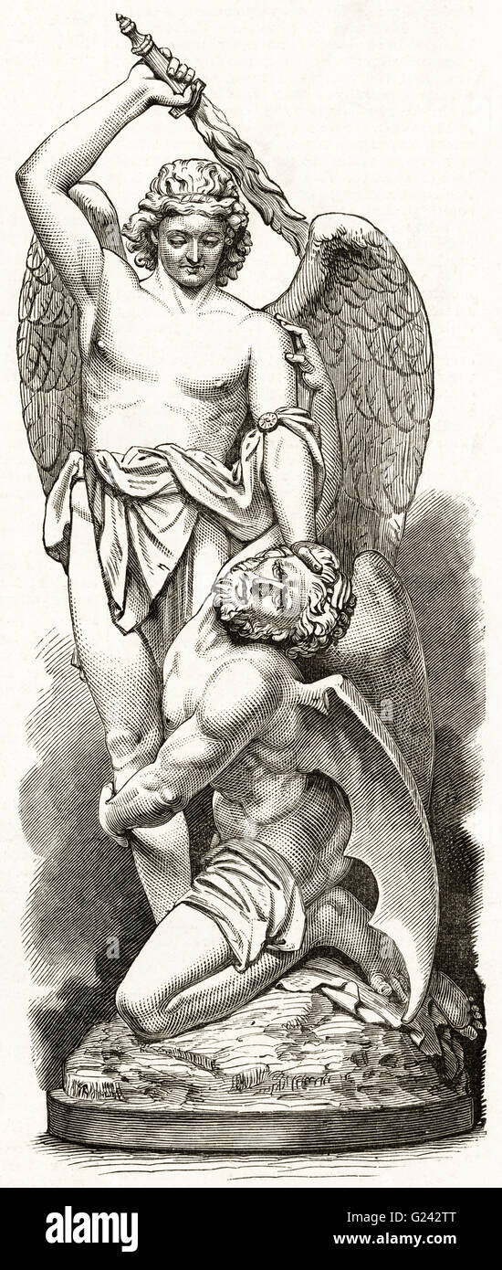 ST MICHEL ET SATAN par le aritst J. Warrington Wood. La gravure sur bois victorien du 1875 Banque D'Images