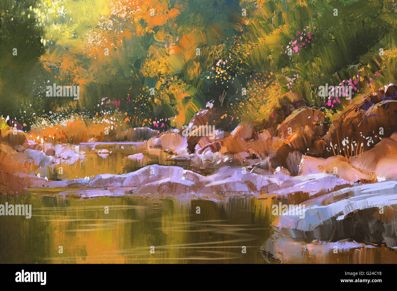 Les lignes de la rivière avec des pierres dans la belle forêt,nature,illustration peinture Banque D'Images