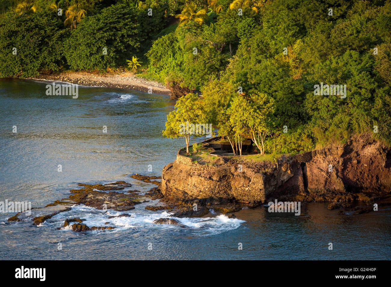 Ancienne embrasure au milieu des arbres et côte rocheuse de St Lucia, West Indies Banque D'Images