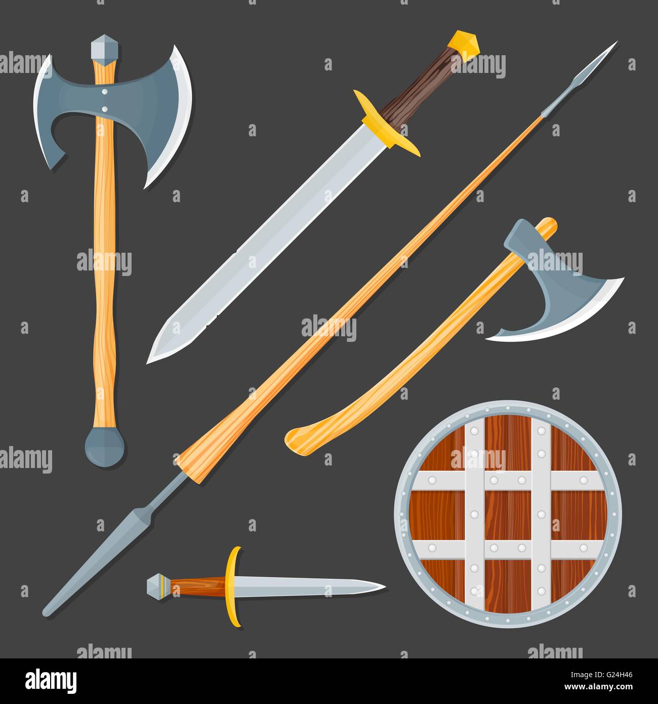 Vector design plat texturé bois colorés divers arme médiévale froide collection shield, poignard, épée, lance, axes de bataille isol Illustration de Vecteur