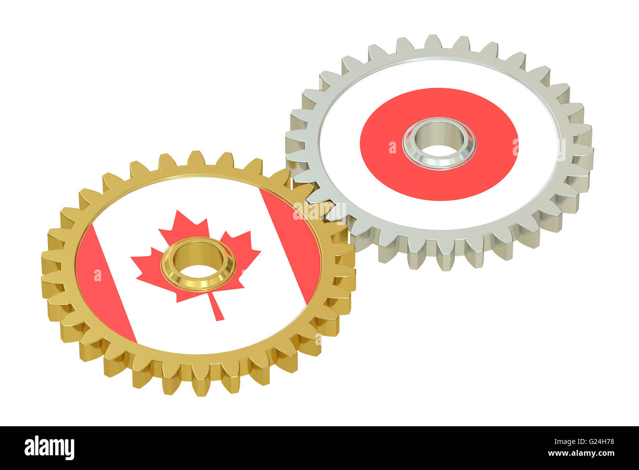 Les drapeaux canadiens et japonais sur les pignons d'un rendu 3D, isolé sur fond blanc Banque D'Images