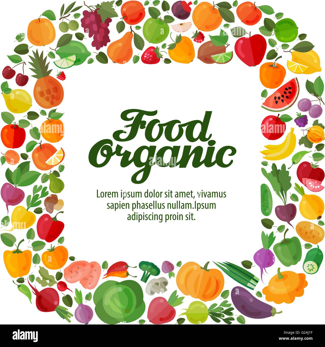 Les légumes et les fruits. arrière-plan vectoriel design plat moderne des aliments sains. Illustration de Vecteur