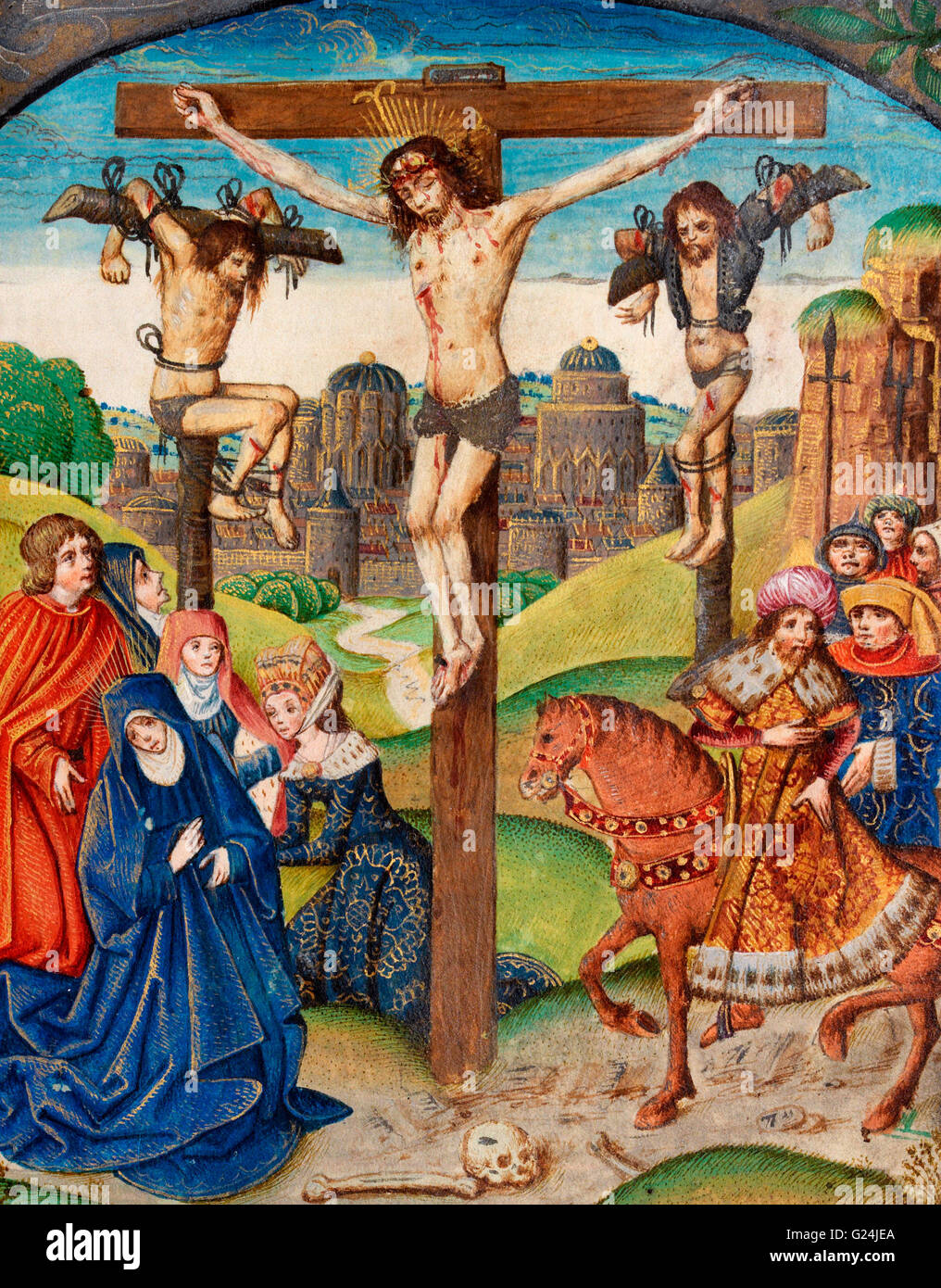 La Crucifixion. Le Christ sur la croix entre deux voleurs. Illumination du Château du 16ème siècle, passionnelle Banque D'Images