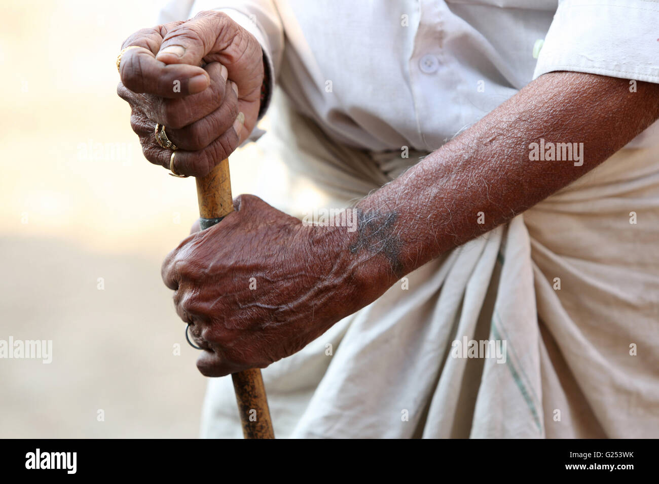 PARDHI Vieille Tribu Man holding bâton en bois. Village de Yawatmal Ganeshpur District dans le Maharashtra en Inde Banque D'Images