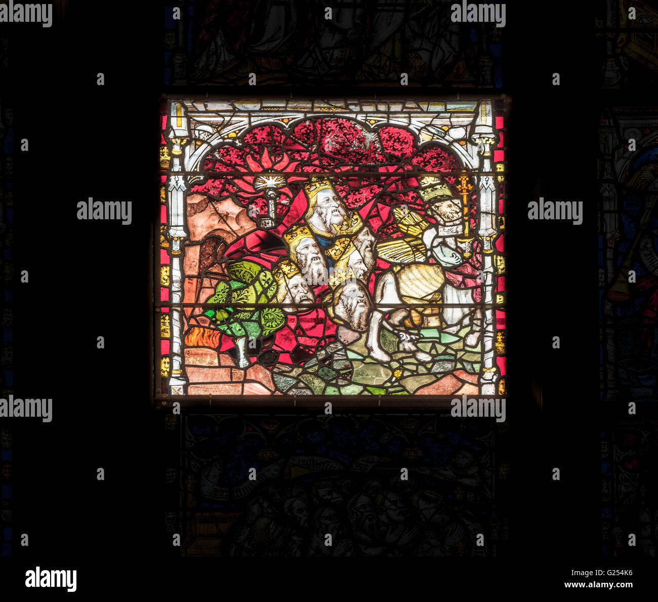 L'un de l'histoire117 panneaux dans le vitrail médiéval à l'extrémité est de la cathédrale de York (cathédrale), l'Angleterre. Banque D'Images