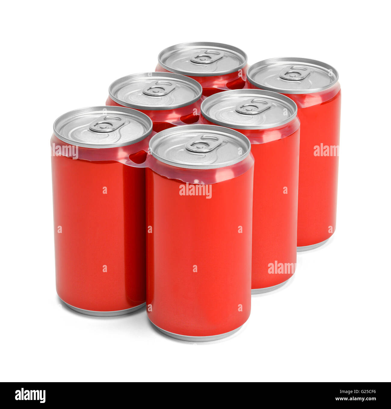 Pack de six canettes de soda rouge avec copie espace isolé sur fond blanc. Banque D'Images