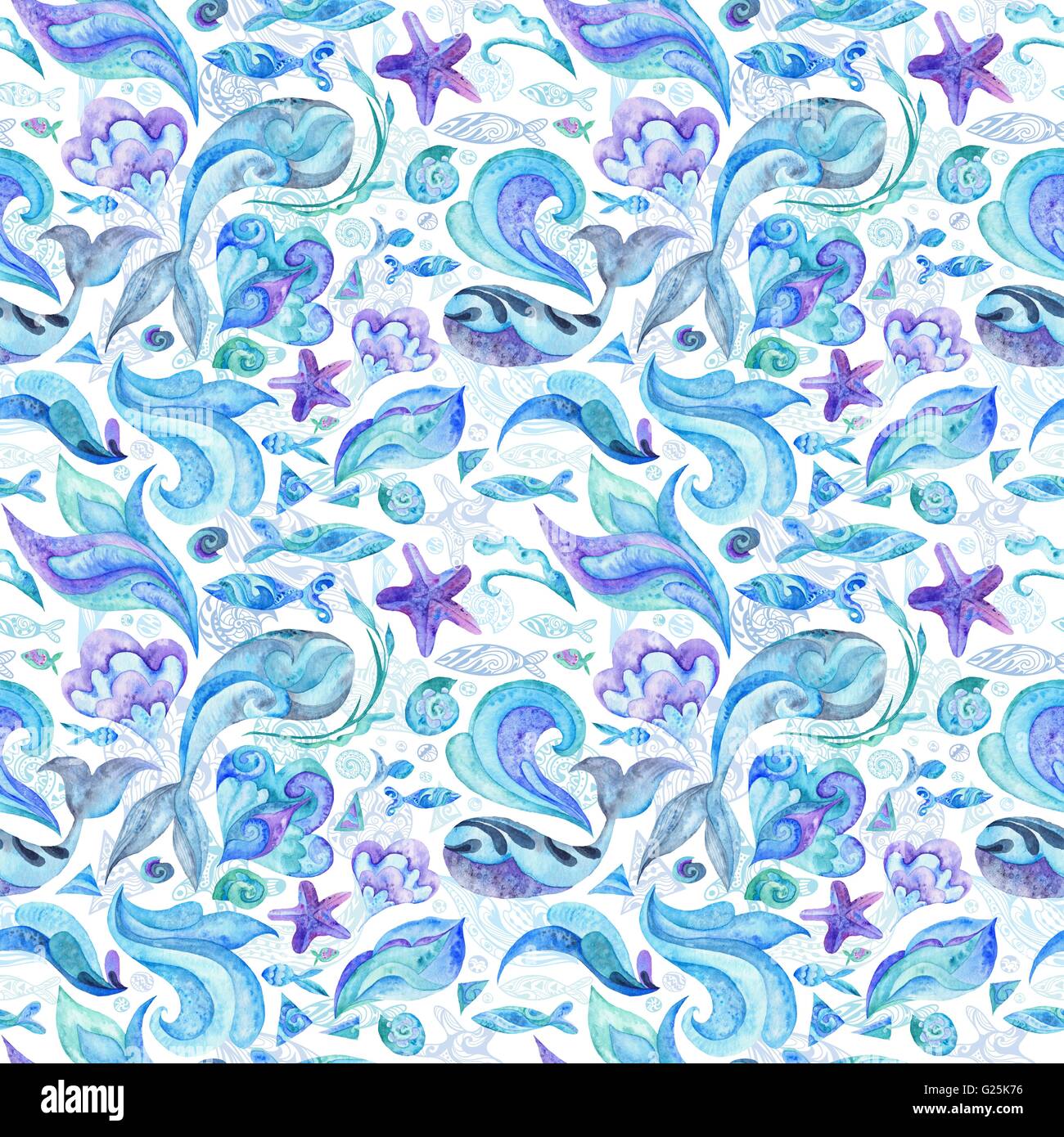 Sous-marine nautique texture avec poissons, baleines, des étoiles de mer, coquillages et vagues isolé sur fond blanc pour le papier peint et fab Banque D'Images