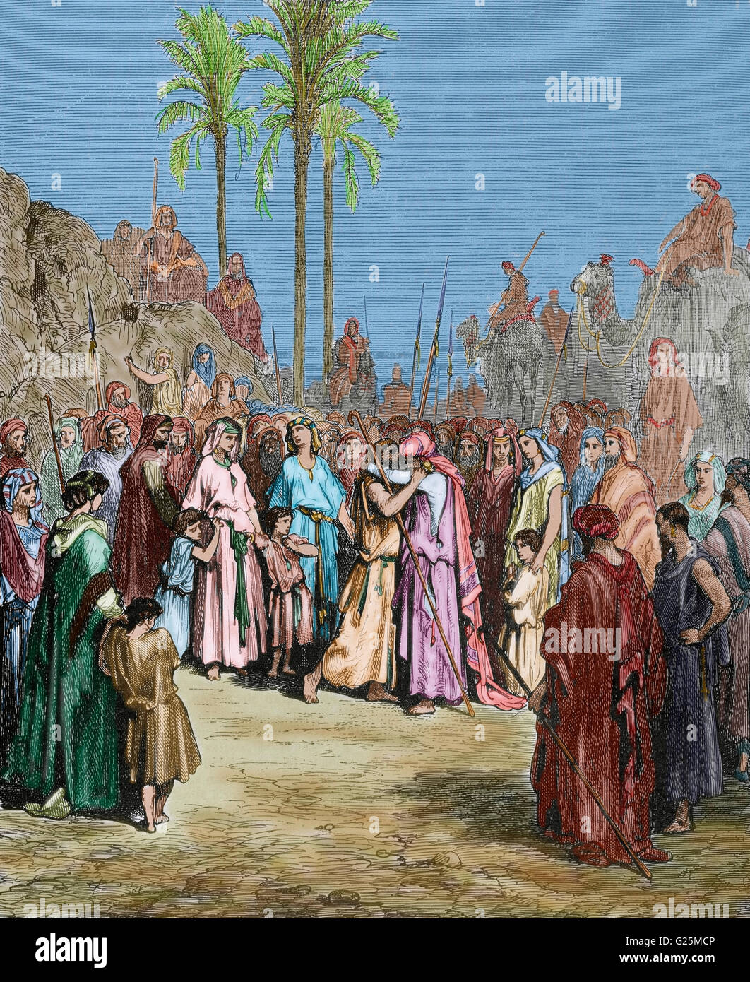 Livre de la Genèse. La réconciliation entre Jacob et Esaü. Gravure de Gustave Dore (1832-1883). De couleur. Banque D'Images