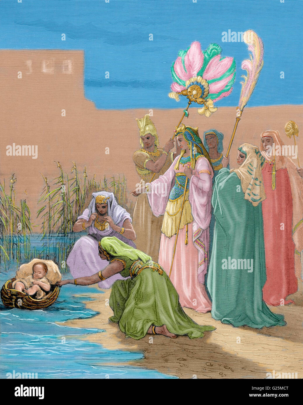 Moïse sauvé à partir du Nil par la fille de Pharaon de l'Égypte. L'exode. Gravure de Gustave Dore (1832-1883). De couleur. Banque D'Images