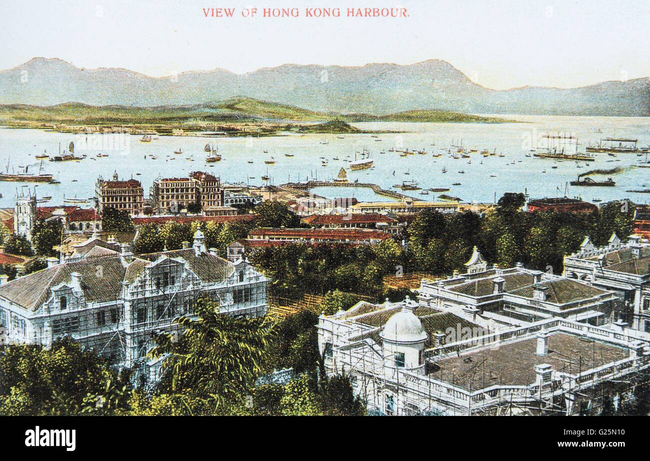 Vue sur le port de Hong Kong, Hong Kong c 1930 Banque D'Images