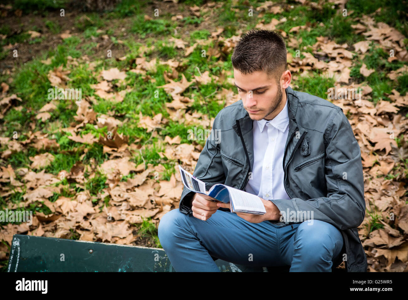 Jeune homme lecture brochure while sitting on bench in park Banque D'Images