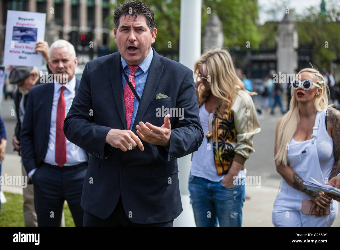 Londres, Royaume-Uni. 24 mai, 2016. Rob Flello, travail MP pour Stoke-on-Trent, les militants du Sud adresses lors d'une manifestation devant le Parlement contre l'approvisionnement en magasin pour animaux de compagnie chiens4Us de Chiots chiot de fermes. L'environnement, de l'Alimentation et des Affaires rurales sous-comité sont actuellement une enquête sur la vente de chiens dans le cadre d'une enquête sur le bien-être des animaux. Credit : Mark Kerrison/Alamy Live News Banque D'Images