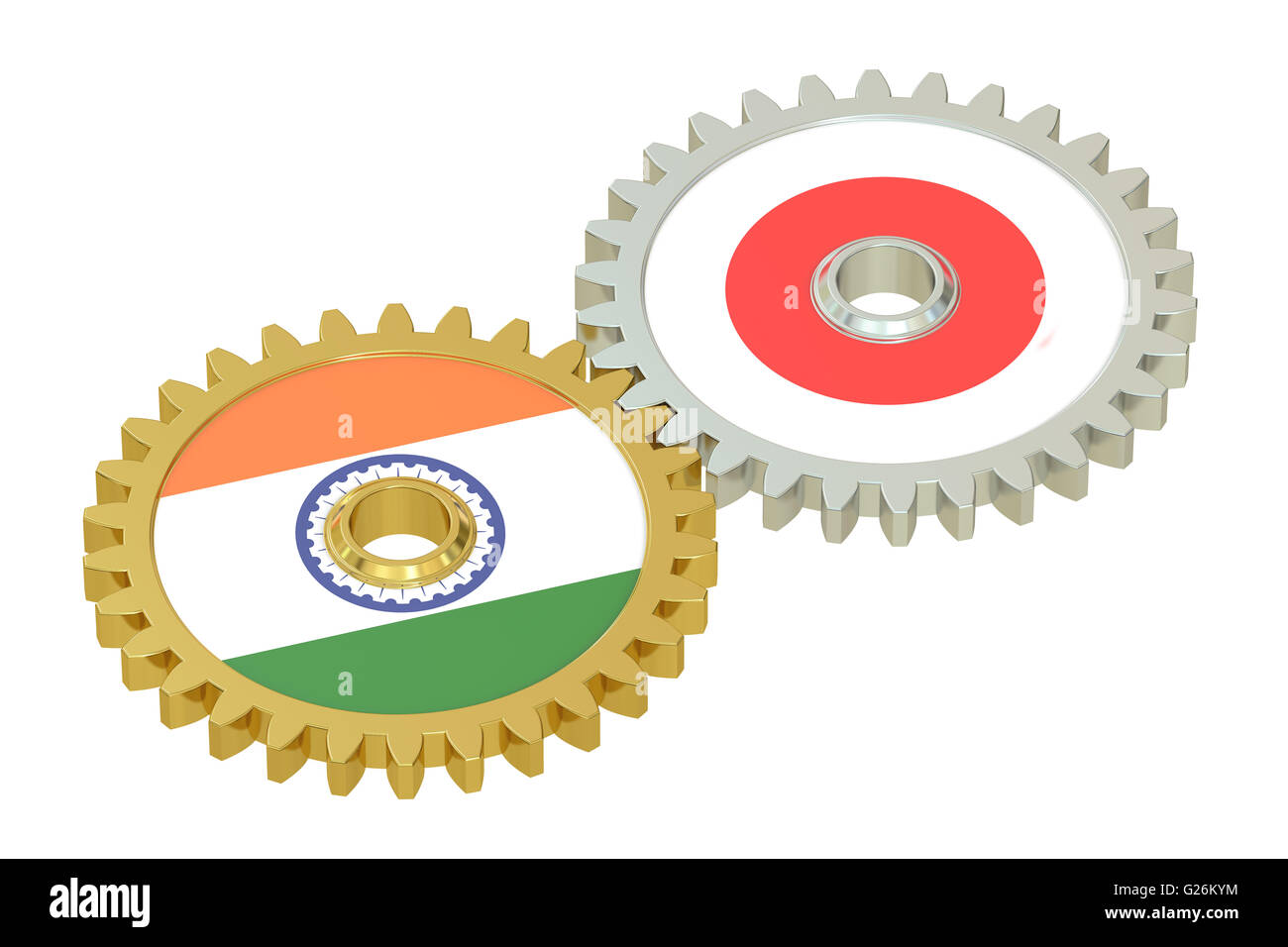 L'Inde et le Japon les drapeaux sur les pignons d'un rendu 3D, isolé sur fond blanc Banque D'Images