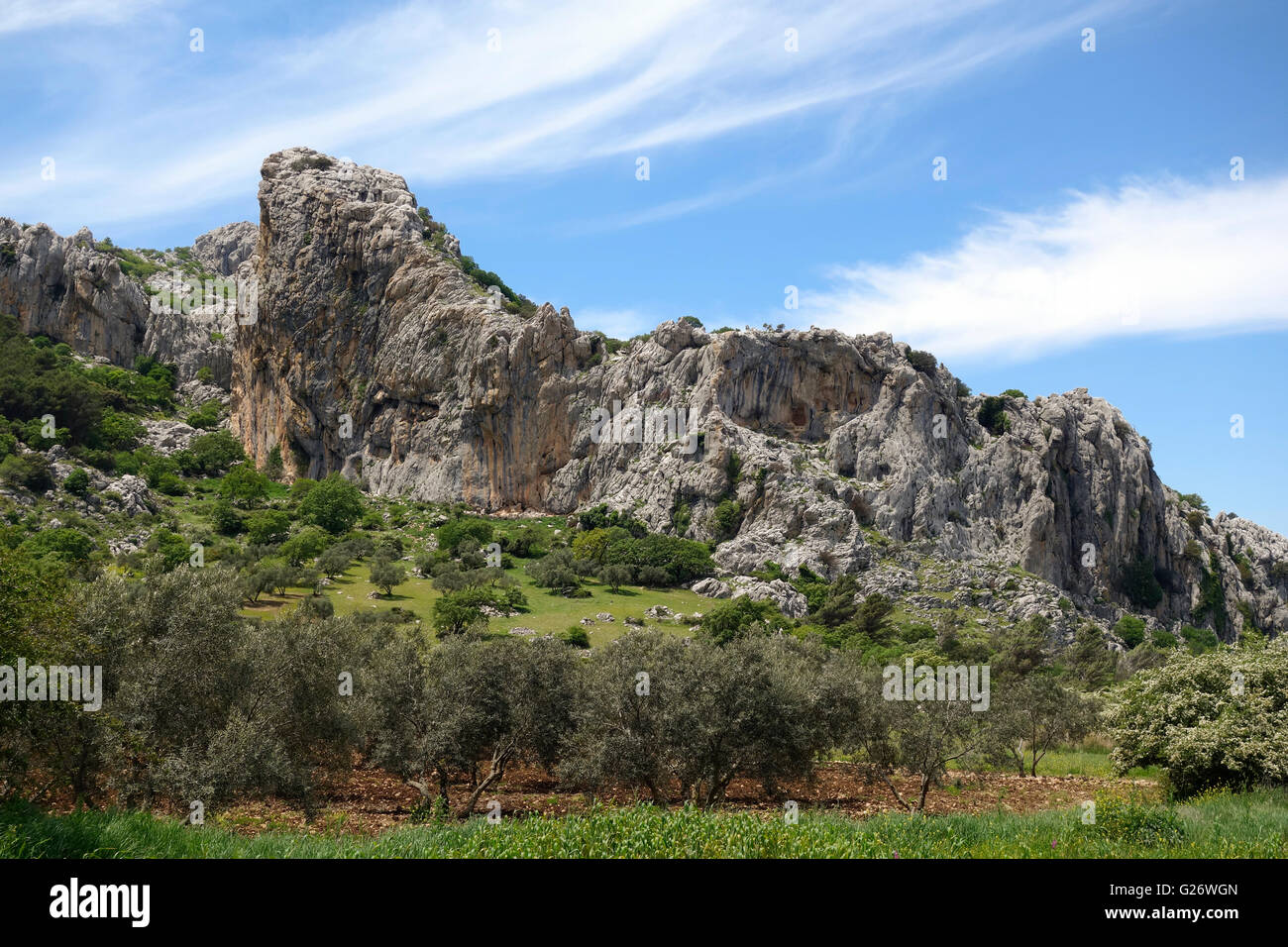 Sierra de Camarolos, connue pour l'escalade, Andalousie, Sud de l'Espagne. Banque D'Images