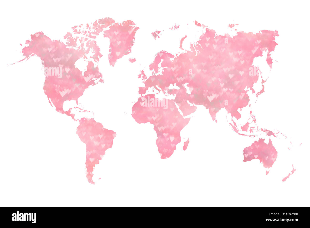 Carte du monde rempli avec une photo de coeurs rose floue Banque D'Images