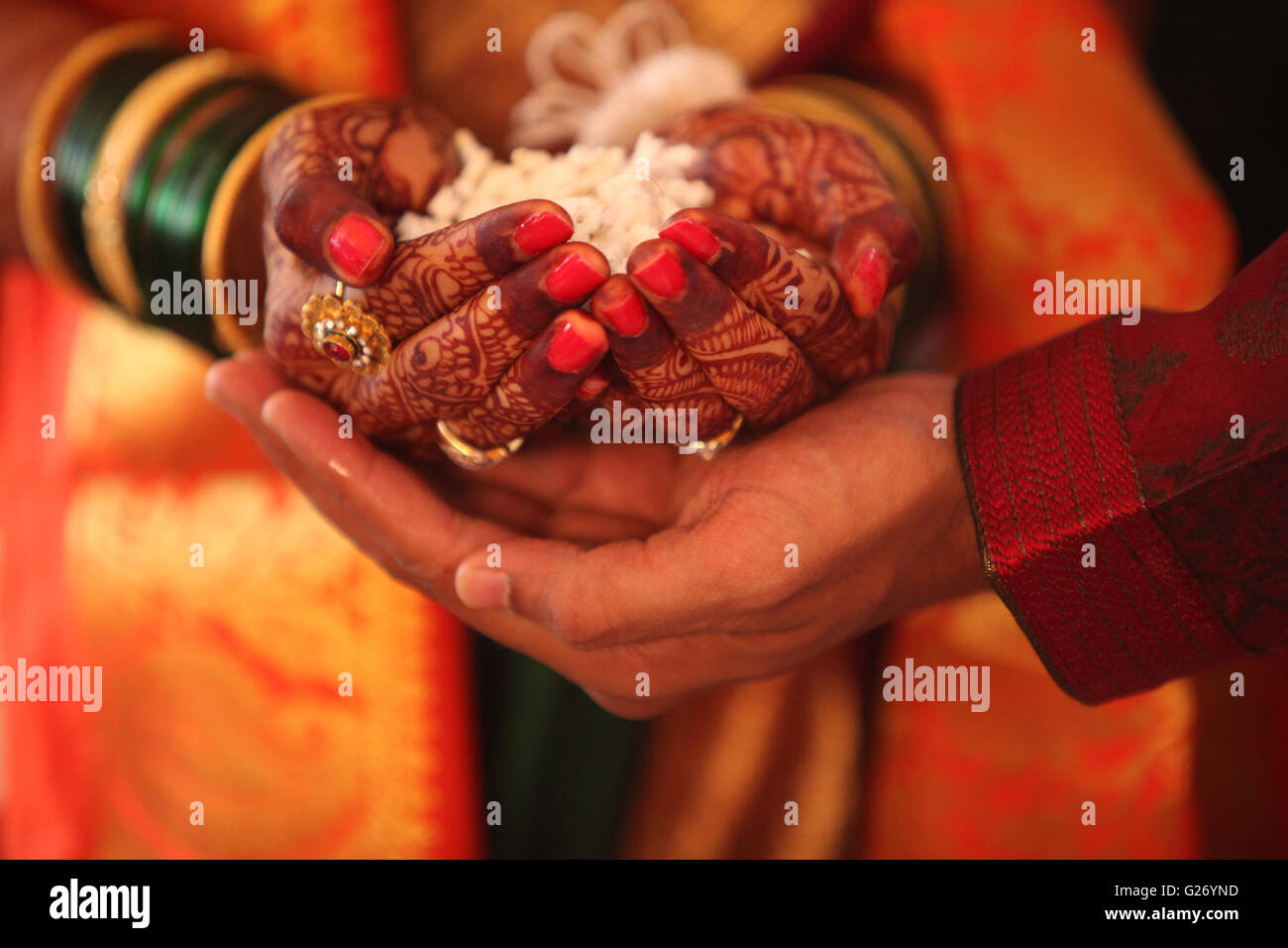 La main de la mariée tenue par un groom au cours d'un rituel traditionnel dans un mariage hindou indien Banque D'Images