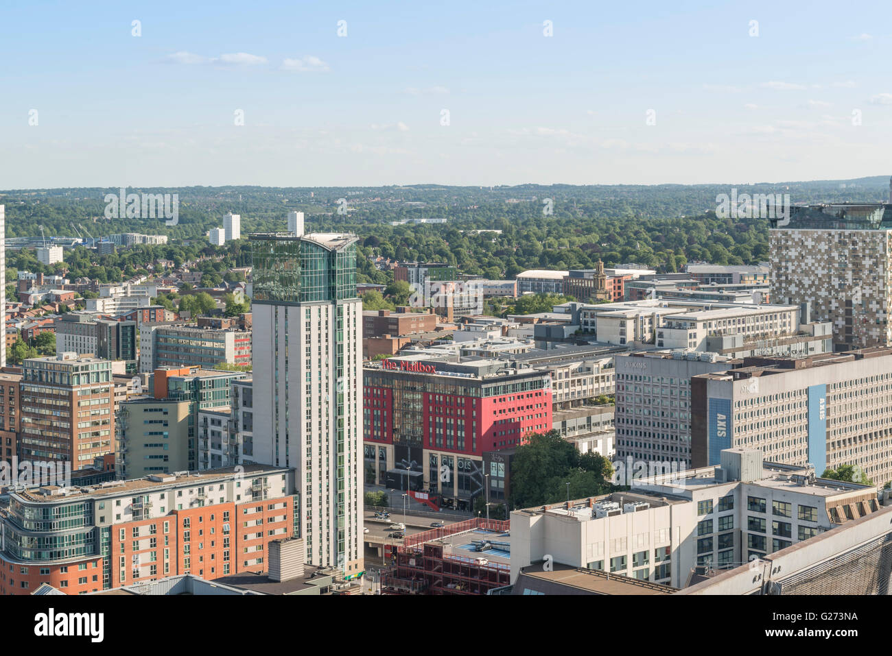 Photographie aérienne du centre-ville de Birmingham, en Angleterre. montrant la boîte aux lettres, le cube et les appartements. Banque D'Images