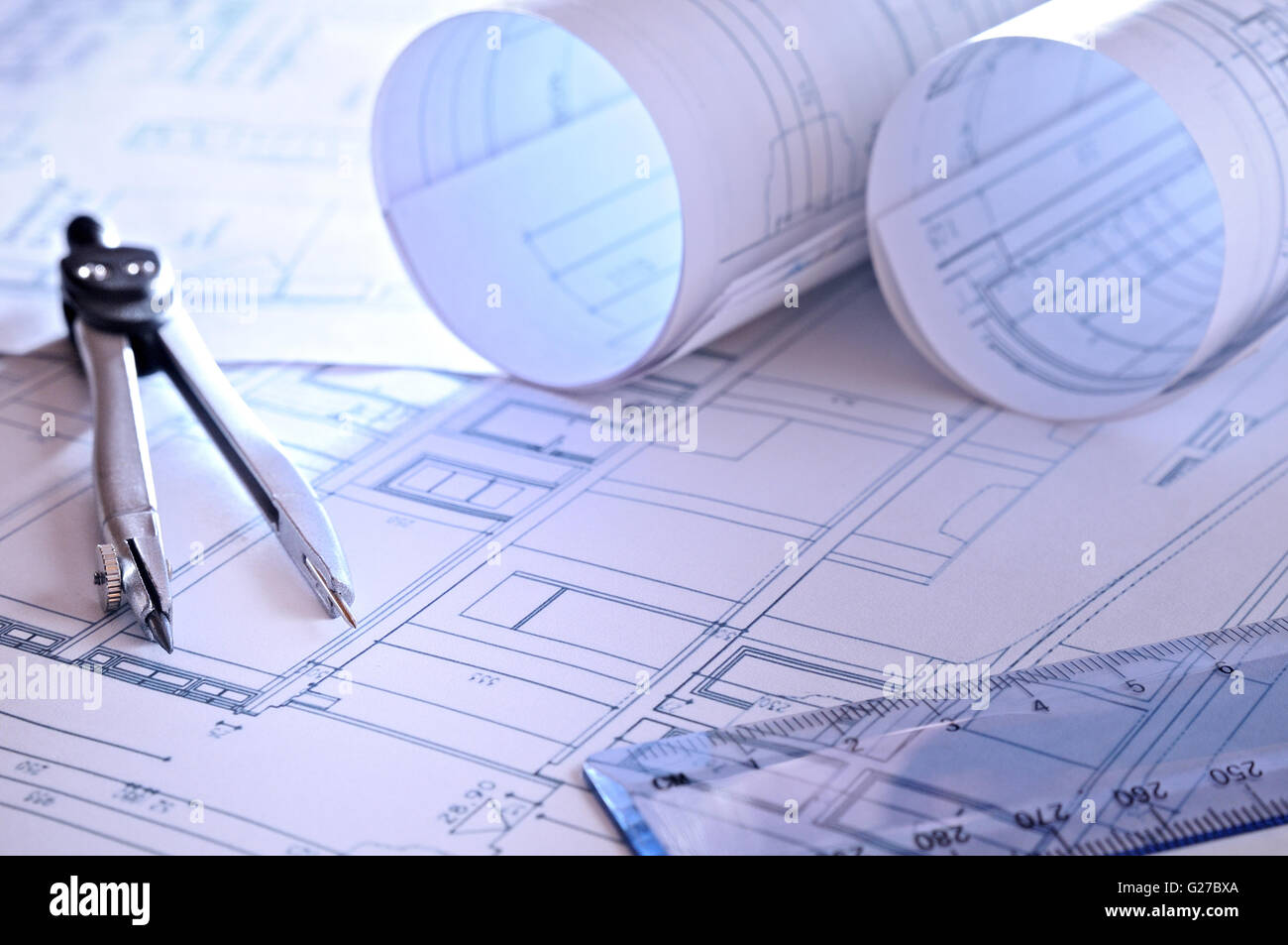 Les plans d'architecture d'une habitation avec la teinte bleue close up Banque D'Images