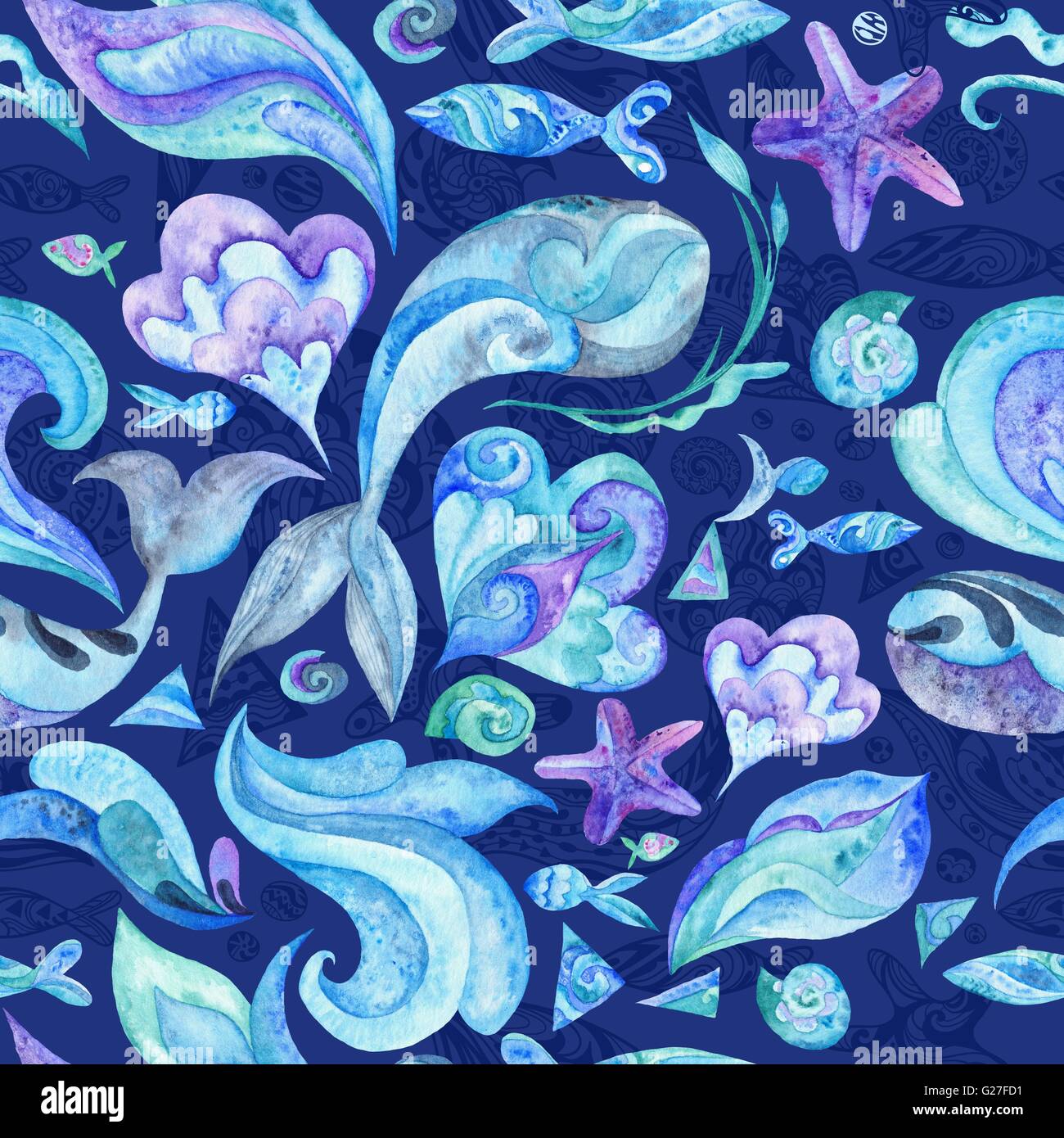 Sous-marine nautique texture avec poissons, baleines, des étoiles de mer, coquillages et vagues isolé sur fond bleu pour le papier peint et fabr Banque D'Images