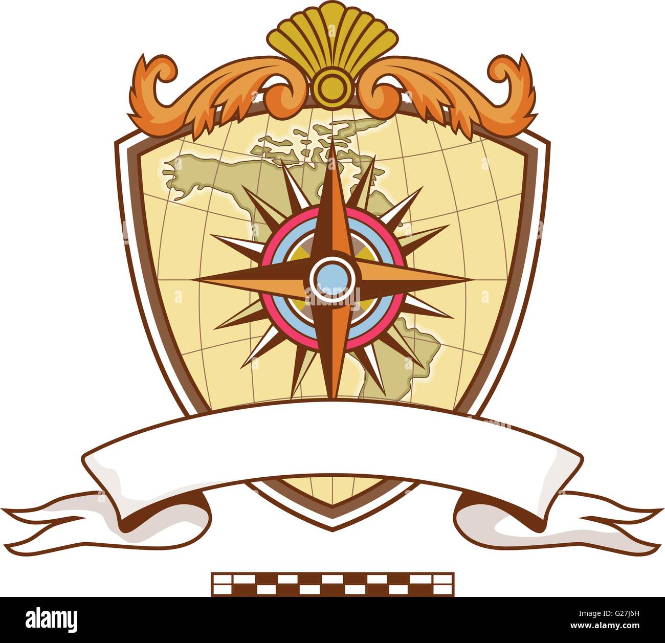 Illustration d'une boussole ou star avec la carte en arrière-plan défini à l'intérieur des armoiries écusson et bannière avec ruban en fait avant Illustration de Vecteur