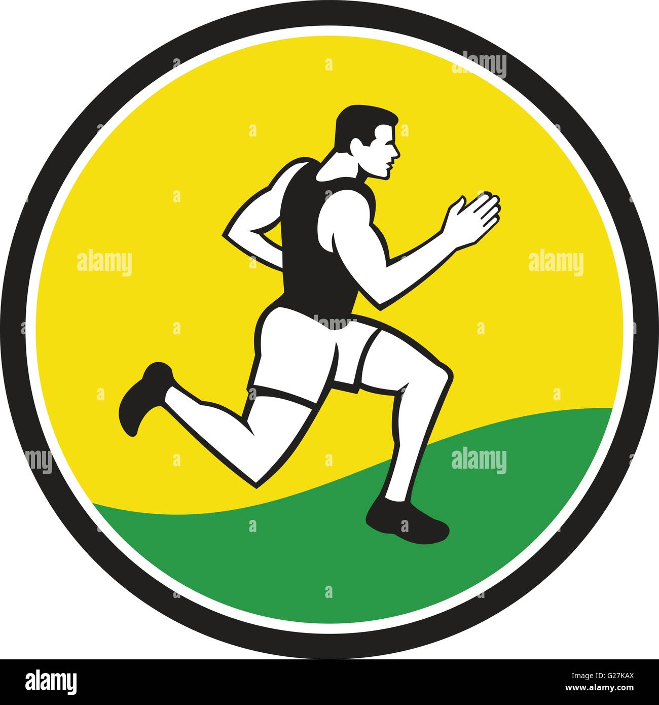 Illustrations de marathon masculin triathlète runner exécutant vu du côté situé à l'intérieur du cercle sur fond isolé fait en style rétro. Illustration de Vecteur