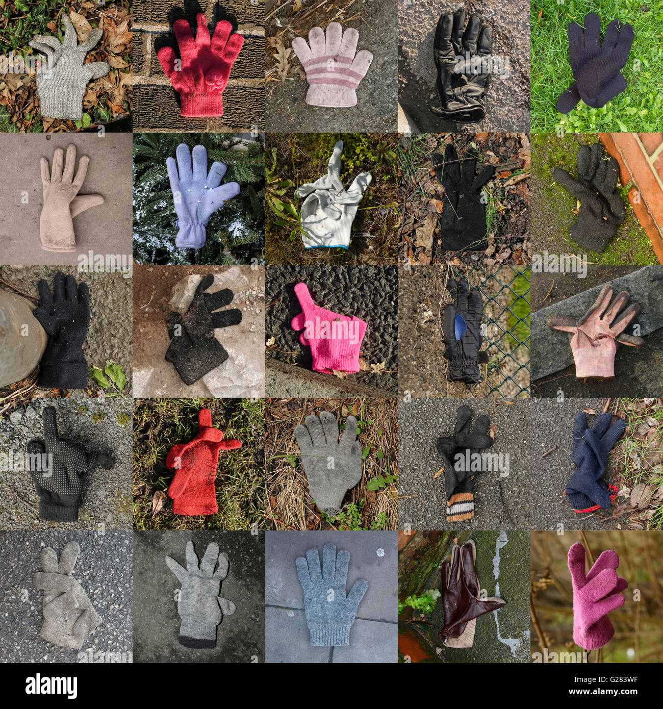 Collection de 25 gants perdus et trouvés Banque D'Images