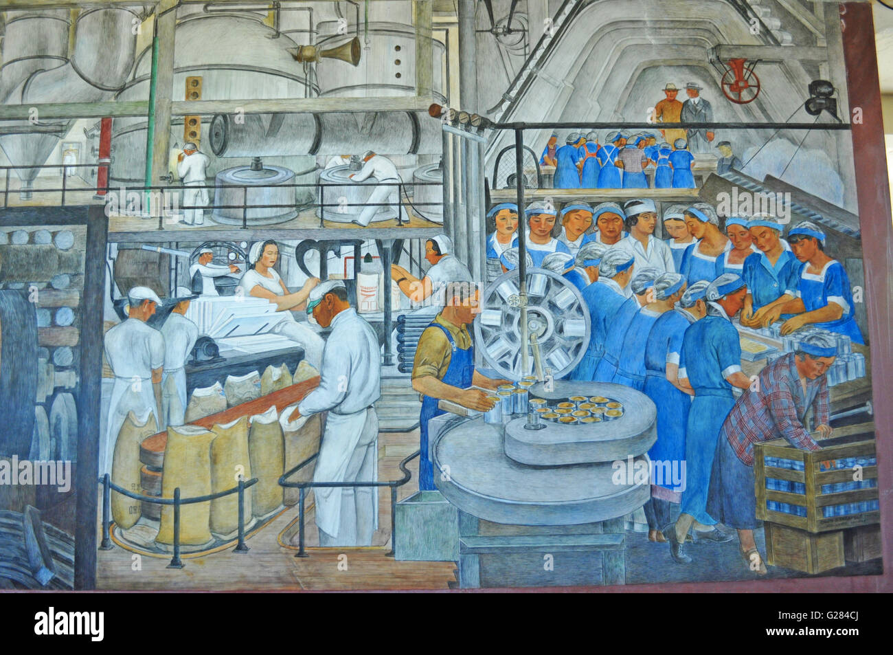 San Francisco : l'intérieur de la Coit Tower avec peintures murales créées par différents artistes, achevée en 1934 et autorisée en tant qu'œuvre d'art public Banque D'Images