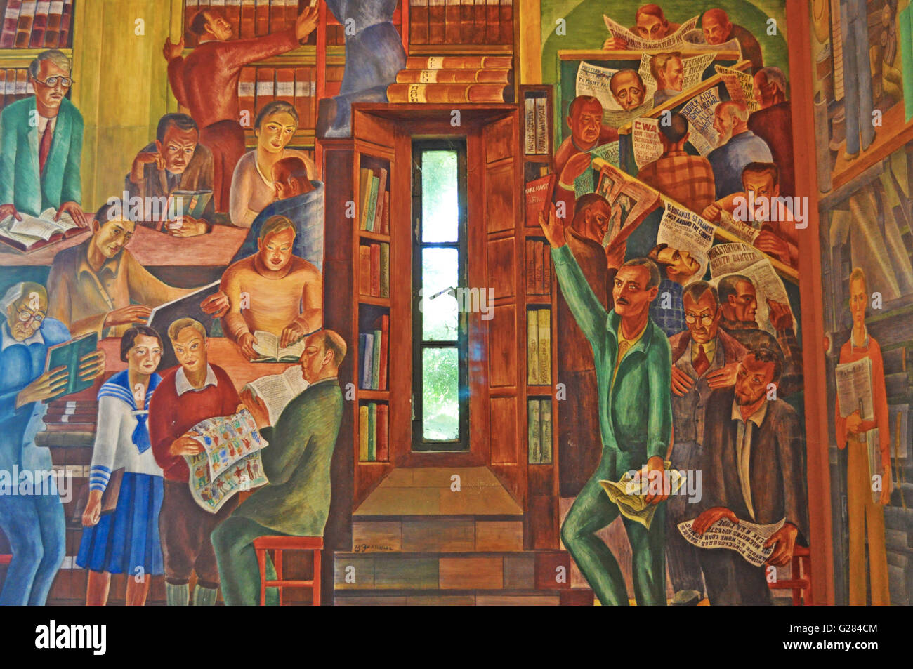 San Francisco : les intérieurs de la Coit Tower avec peintures murales créées par différents artistes, achevée en 1934 et autorisée en tant qu'œuvre d'art public Banque D'Images