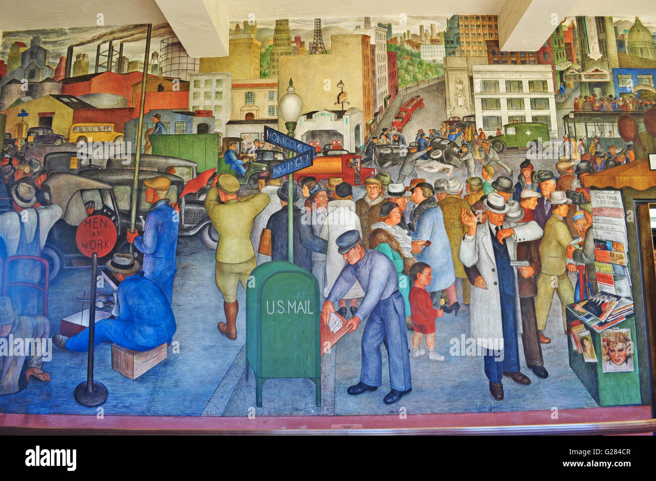 San Francisco : les intérieurs de la Coit Tower avec peintures murales créées par différents artistes, achevée en 1934 et autorisée en tant qu'œuvre d'art public Banque D'Images