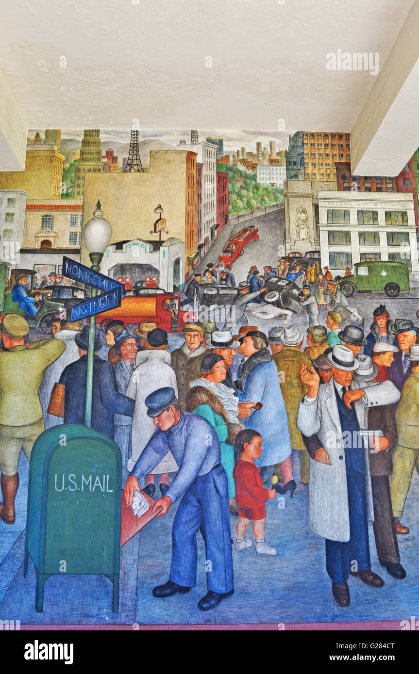 San Francisco : les intérieurs de la Coit Tower avec peintures murales créées par différents artistes, achevée en 1934 et autorisée en tant qu'œuvre d'art public Banque D'Images