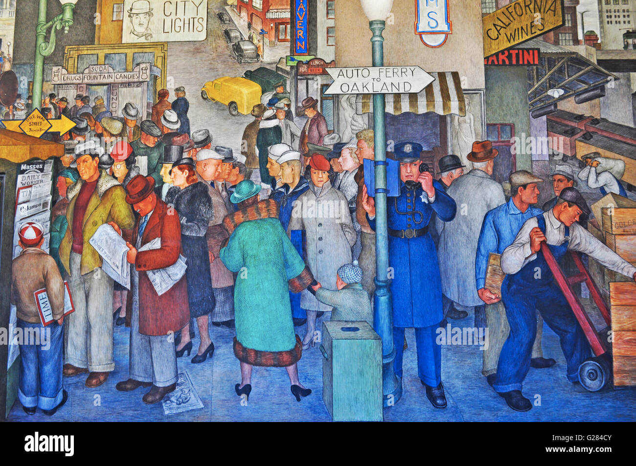 San Francisco : les intérieurs de la Coit Tower avec peintures murales créées par différents artistes, achevée en 1934 et autorisée en tant qu'œuvre d'art public Banque D'Images