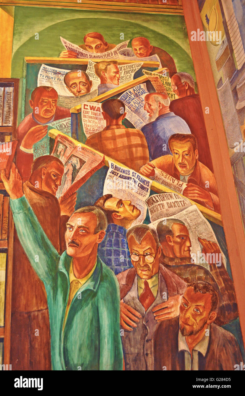 San Francisco : les intérieurs de la Coit Tower avec peintures murales créées par différents artistes, achevée en 1934 et autorisée en tant qu'œuvre d'art public Banque D'Images