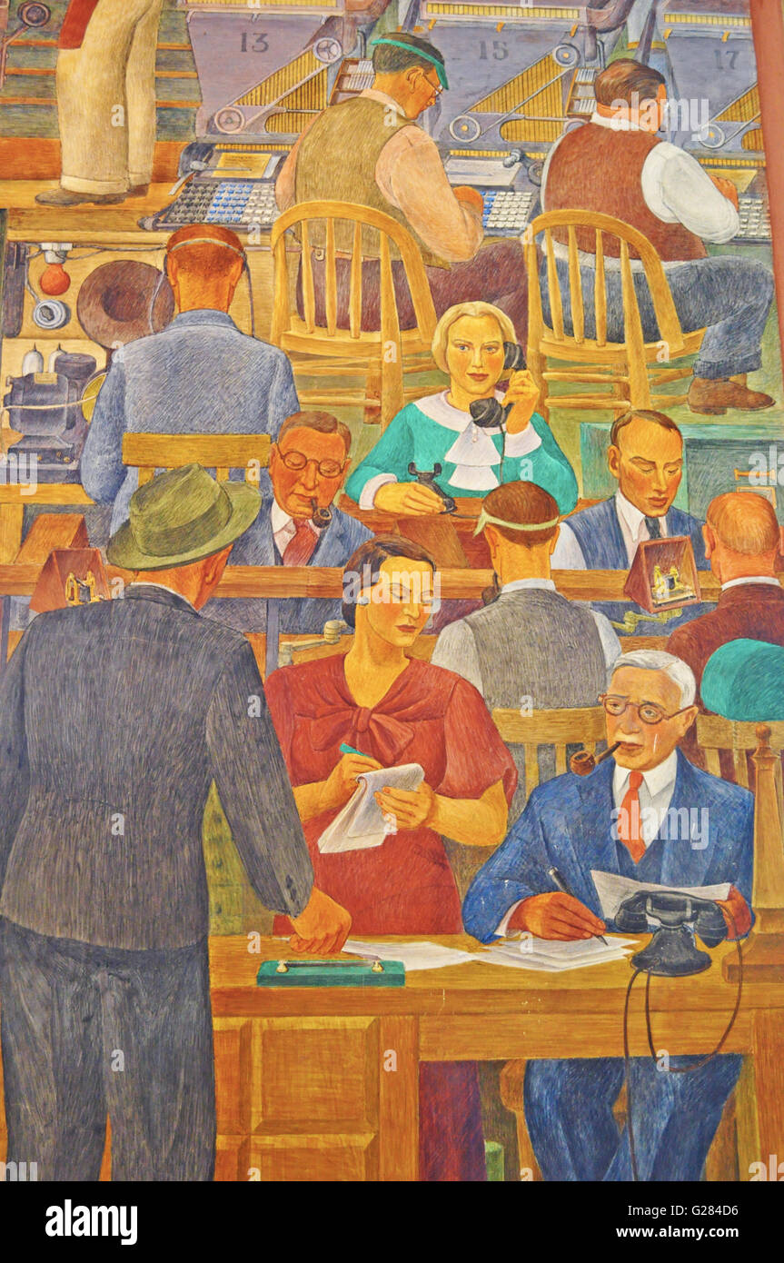San Francisco : les intérieurs de la Coit Tower avec peintures murales créées par différents artistes, achevée en 1934 et autorisée en tant qu'œuvre d'art public Banque D'Images
