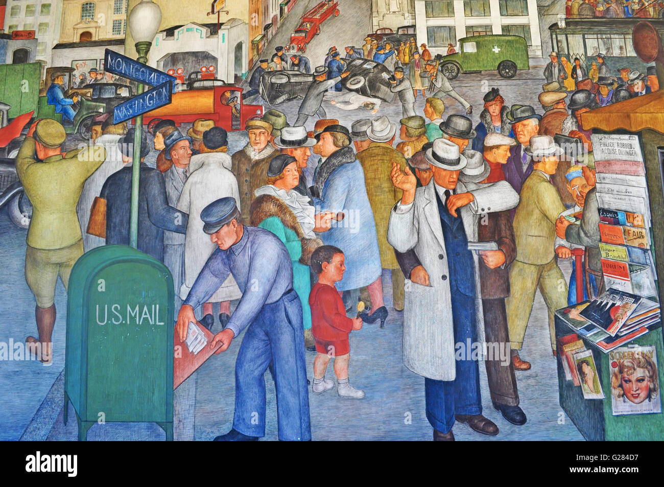San Francisco : les intérieurs de la Coit Tower avec peintures murales créées par différents artistes, achevée en 1934 et autorisée en tant qu'œuvre d'art public Banque D'Images