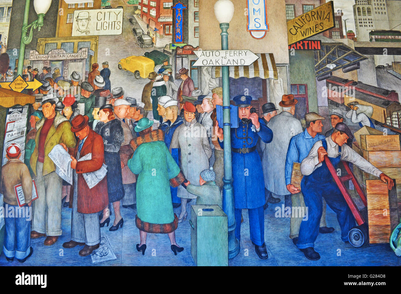 San Francisco : les intérieurs de la Coit Tower avec peintures murales créées par différents artistes, achevée en 1934 et autorisée en tant qu'œuvre d'art public Banque D'Images