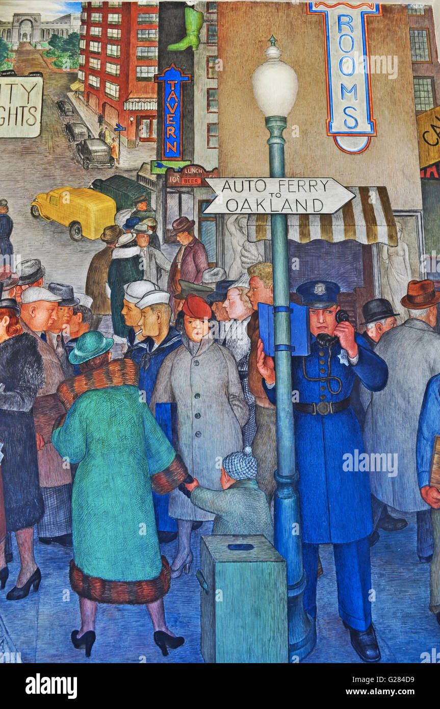 San Francisco : les intérieurs de la Coit Tower avec peintures murales créées par différents artistes, achevée en 1934 et autorisée en tant qu'œuvre d'art public Banque D'Images