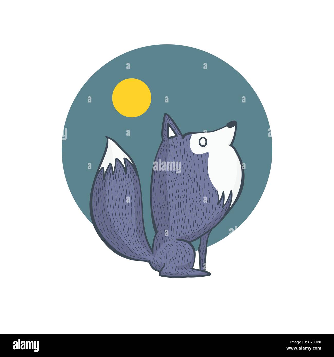 Vector Illustration de loup gris et pleine lune, Paysage, personnage de dessiner à main Illustration de Vecteur