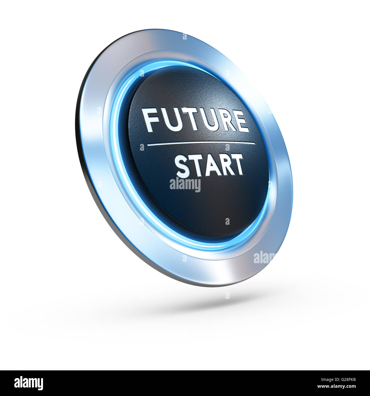 3D illustration d'un bouton-poussoir où il est écrit avenir commencer avec lumière bleue sur fond blanc. Image Concept pour illust Banque D'Images