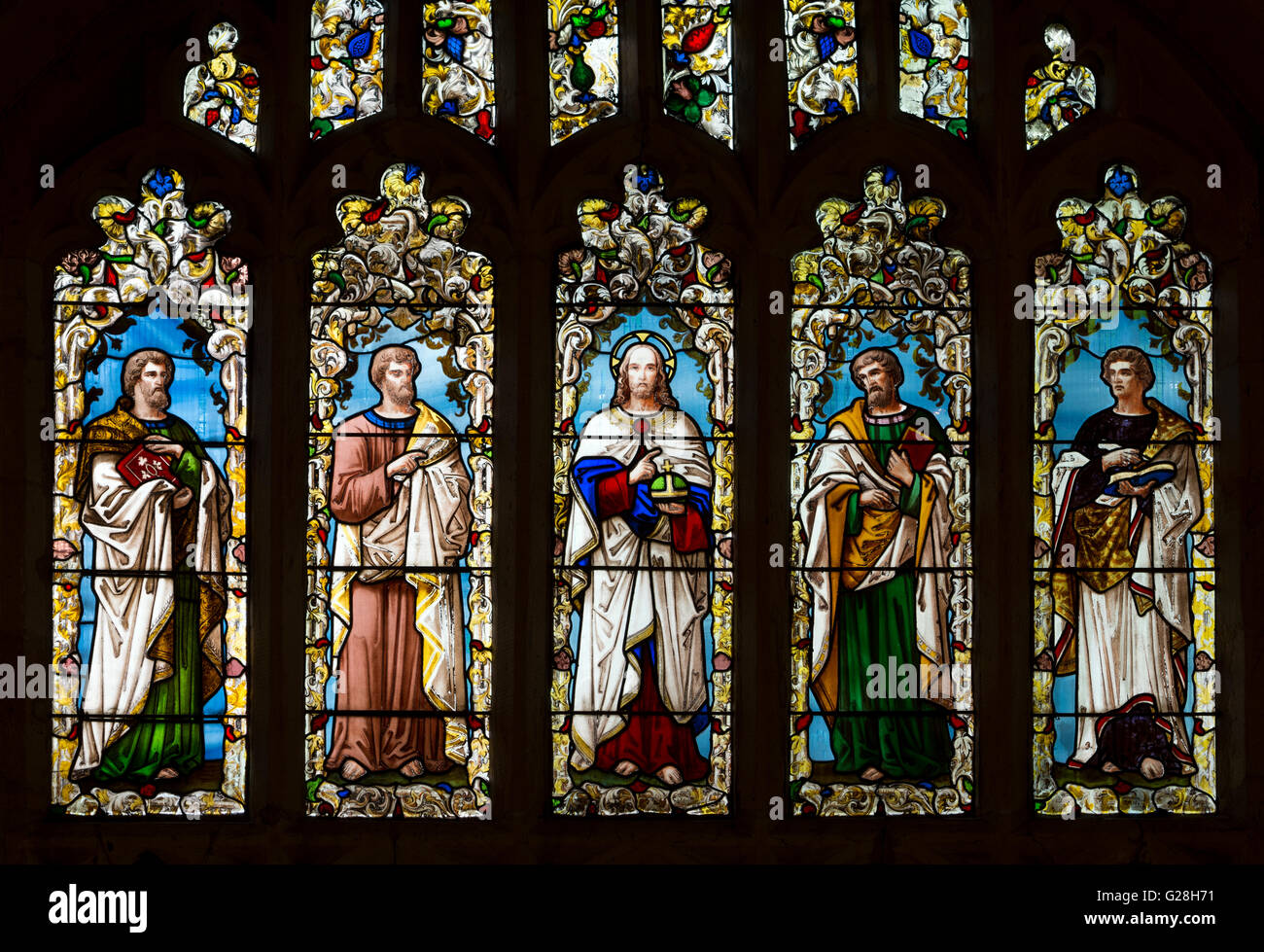 La fenêtre de l'Est panneaux, Église Saint Jean-Baptiste, Beeston, Dorset, England, UK Banque D'Images