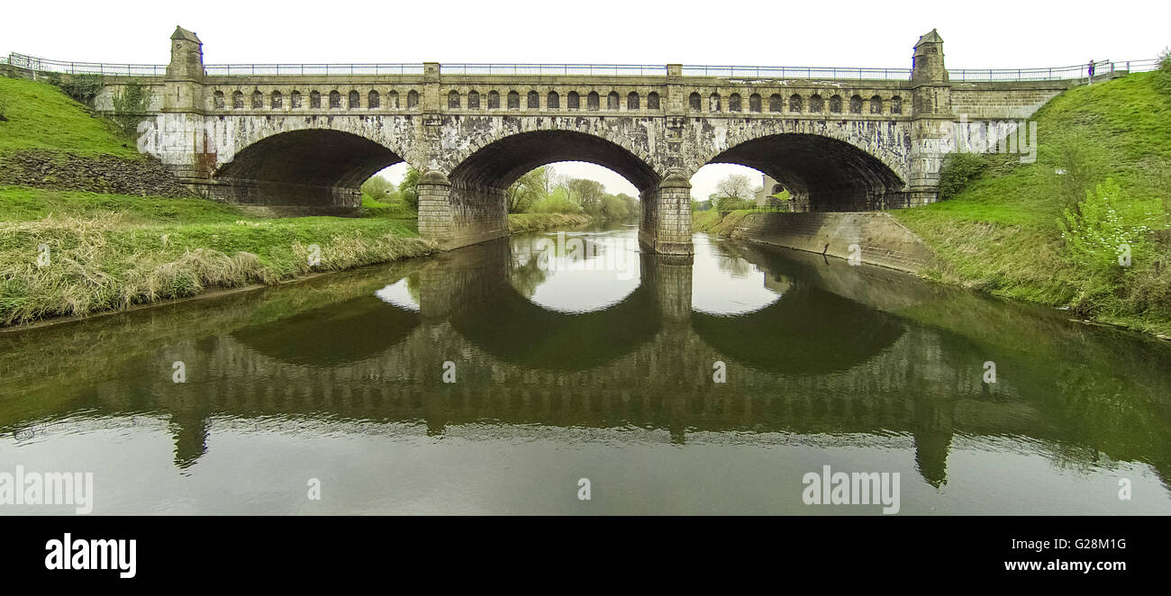 Vue aérienne, ancien ride, la construction d'un pont, de l'eau pont sur la lèvre, canal désaffecté, Lippeauen flux flux Lippe, conservation, Banque D'Images