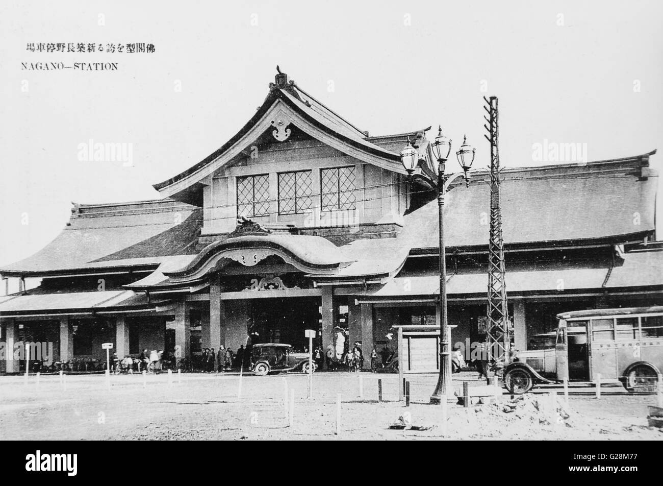 La gare de Nagano, Nagano, Japon. c 1936. Showa 11. Banque D'Images