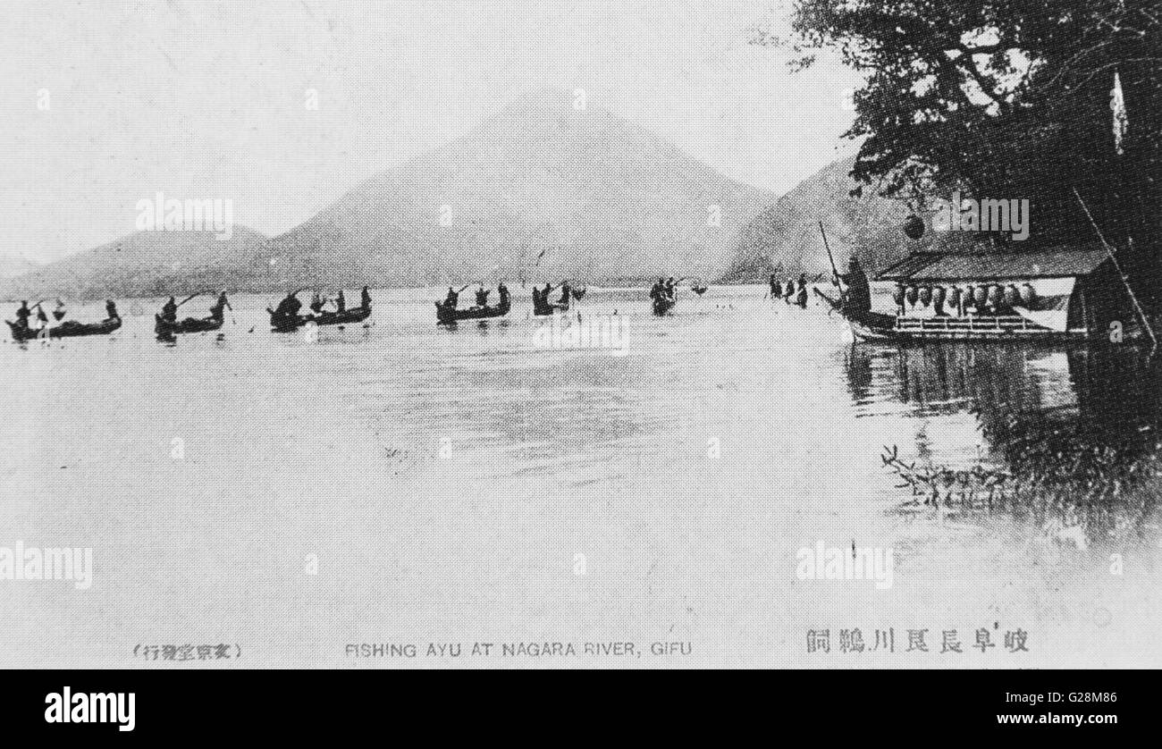 La pêche au cormoran, de la rivière Nagara, Gifu, Japon. c 1911. 44 Meiji. Banque D'Images