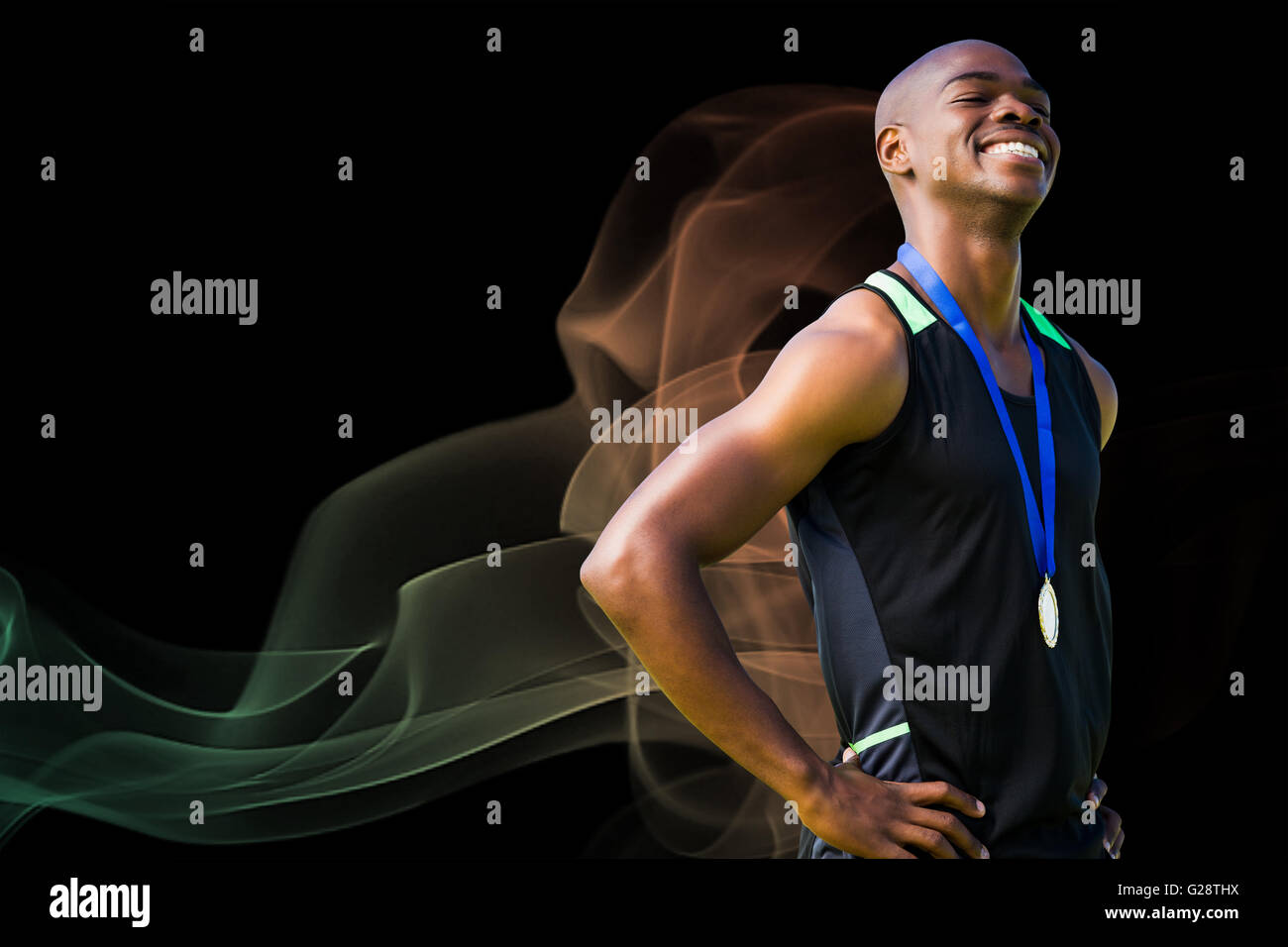 Image composite de l'homme jouissant de l'athlète avec sa médaille Banque D'Images