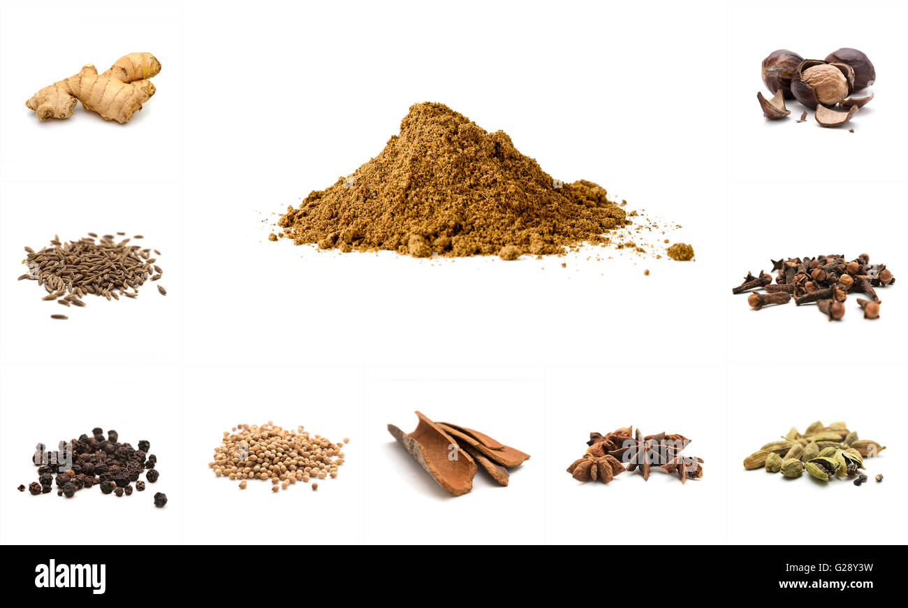 Pile de Garam Masala et ingrédients : gingembre sec, les graines de cumin, poivre noir, coriandre, cardamome, anis, cinnamom, girofle, nutme Banque D'Images