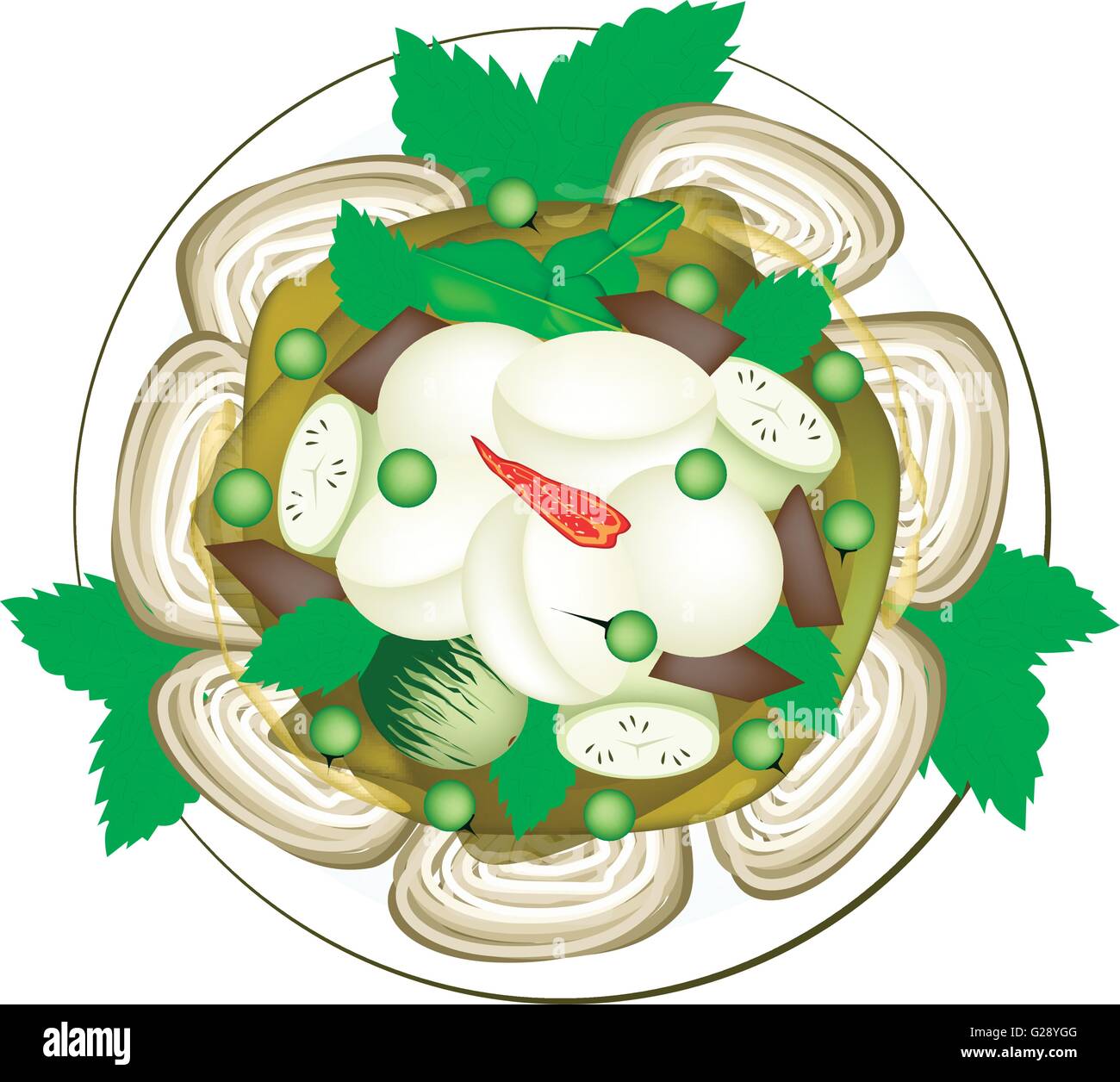 La cuisine thaï, Thaï épicé Curry vert avec des boules de poisson servi sur des vermicelles de riz, l'un des plus célèbres Recettes Curry dans le Worl Illustration de Vecteur