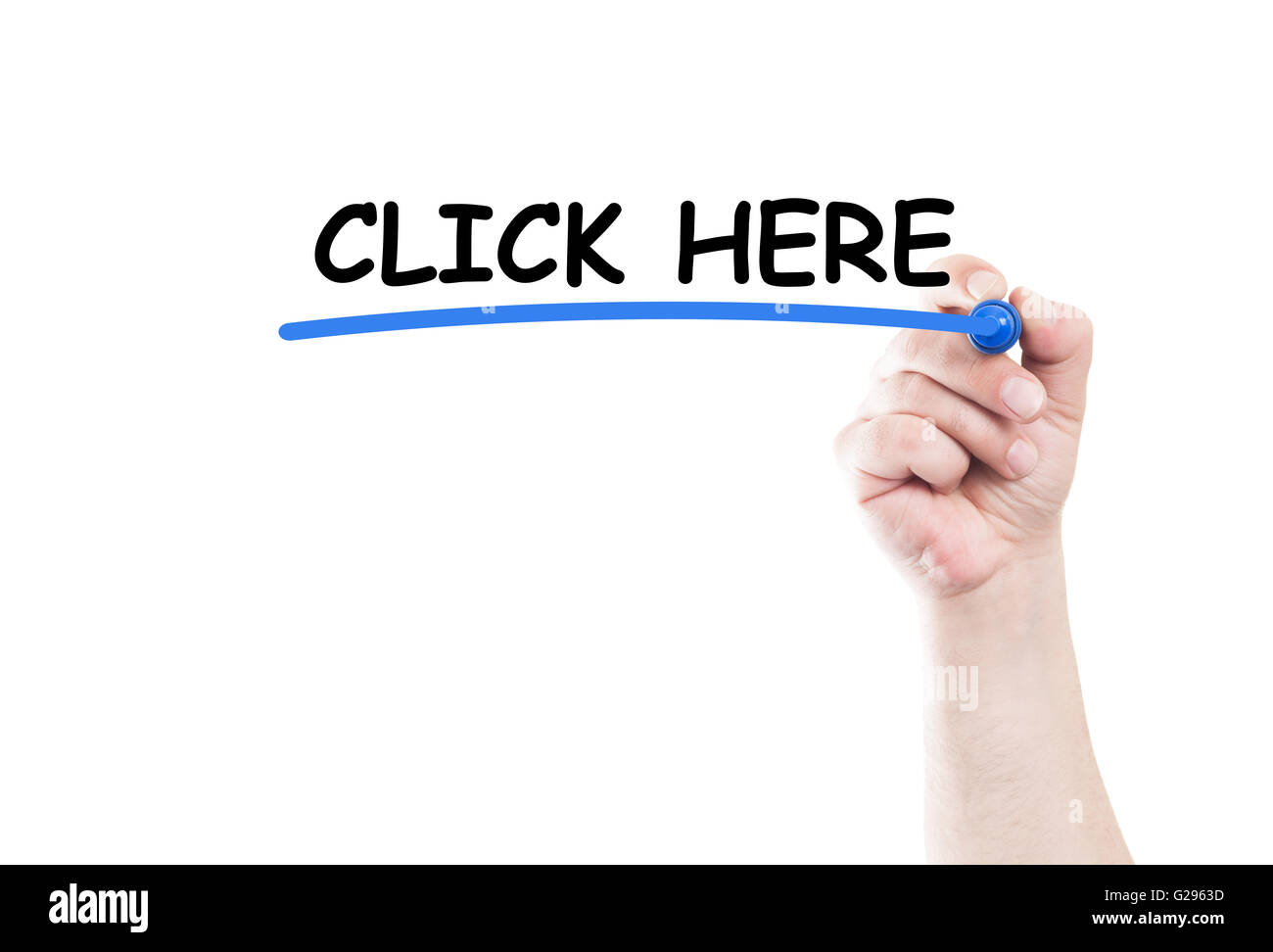 Cliquez ici écrire du texte sur la transparence du conseil d'essuyer à la main tenant un marqueur Banque D'Images