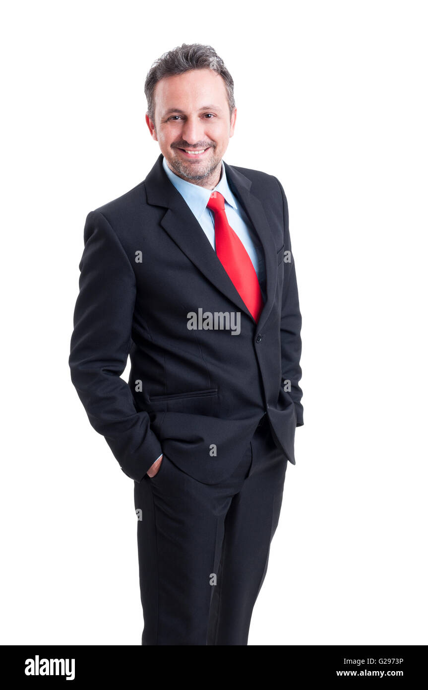 Image business formel et élégant homme debout. Portant costume noir, chemise  bleue et cravate rouge Photo Stock - Alamy