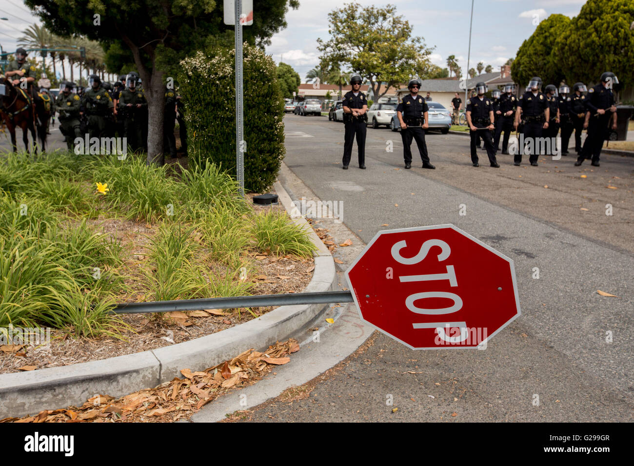 Anaheim, Californie, USA. 25 mai, 2016. La police et les manifestants anti-Donald Trump clash en face de l'Anaheim Convention Center mercredi, 25 mai 2016 à Anaheim, Californie Crédit : Gabriel Romero/ZUMA/Alamy Fil Live News Banque D'Images