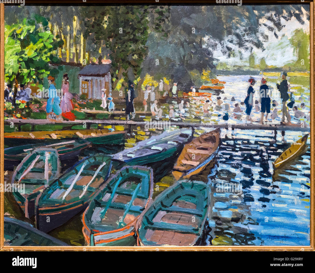 Baigneurs à la Grenouillère Claude Monet, huile sur toile, 1869. Cette peinture montre un populaire lieu de baignade et de plaisance sur la Seine près de Bougival à l'ouest de Paris. Banque D'Images