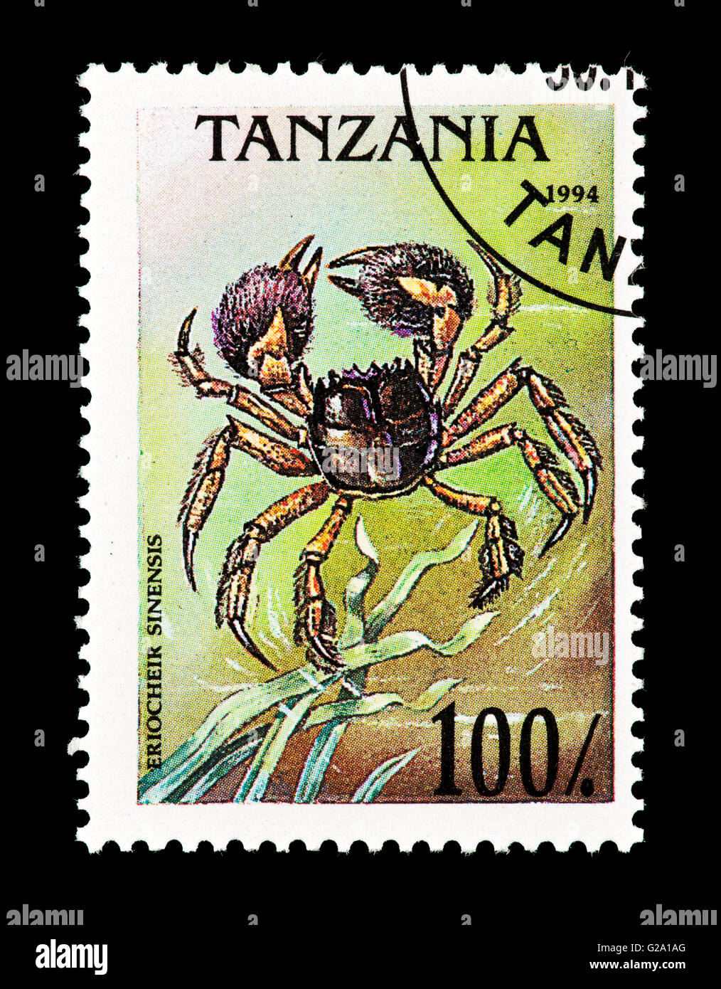 Timbre de Tanzanie représentant un crabe chinois (Eriocheir sinensis) Banque D'Images